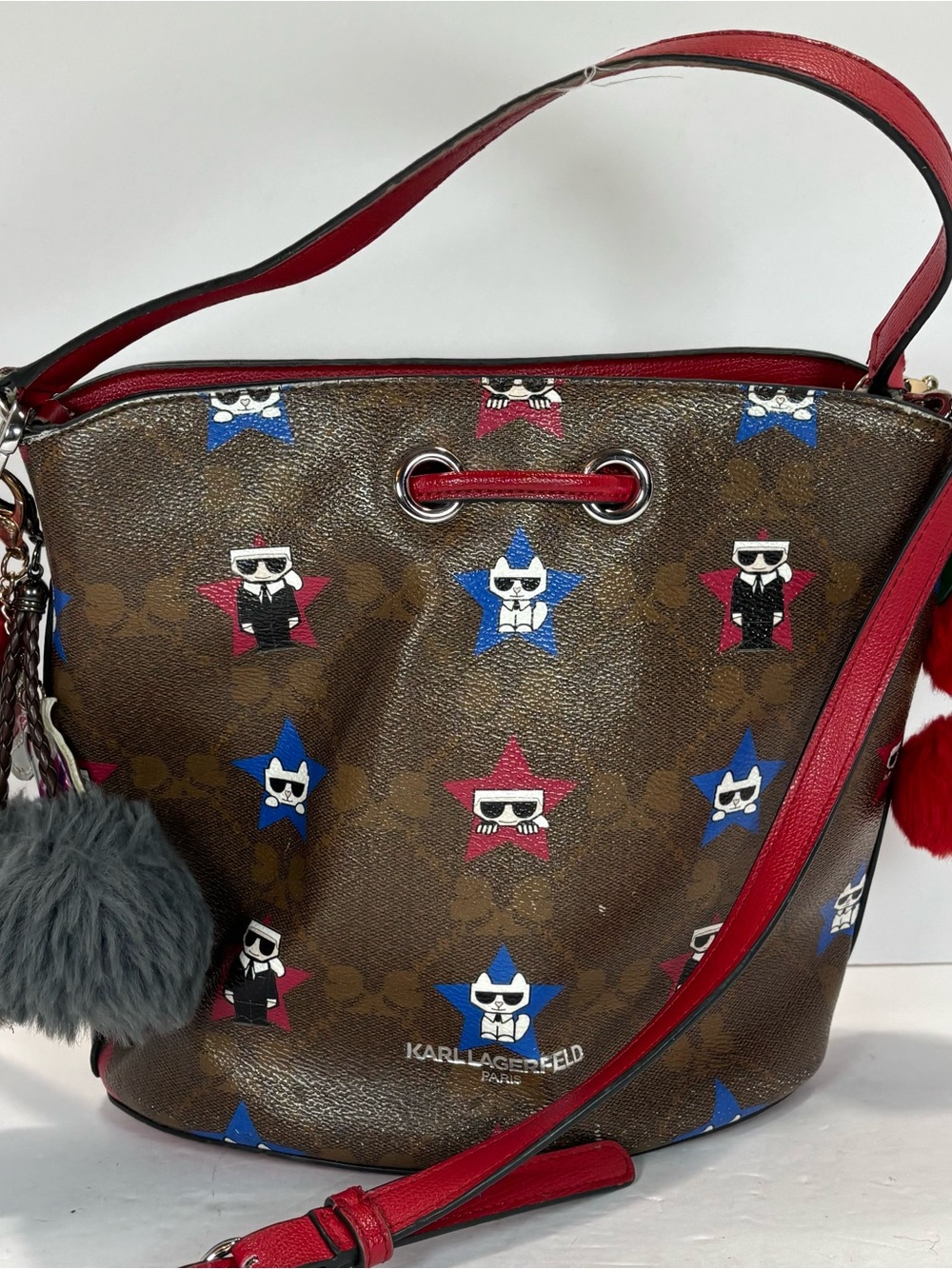 Karl Lagerfeld Brown Monogram Satchel with Red Trim and Blue & Red Star Motif